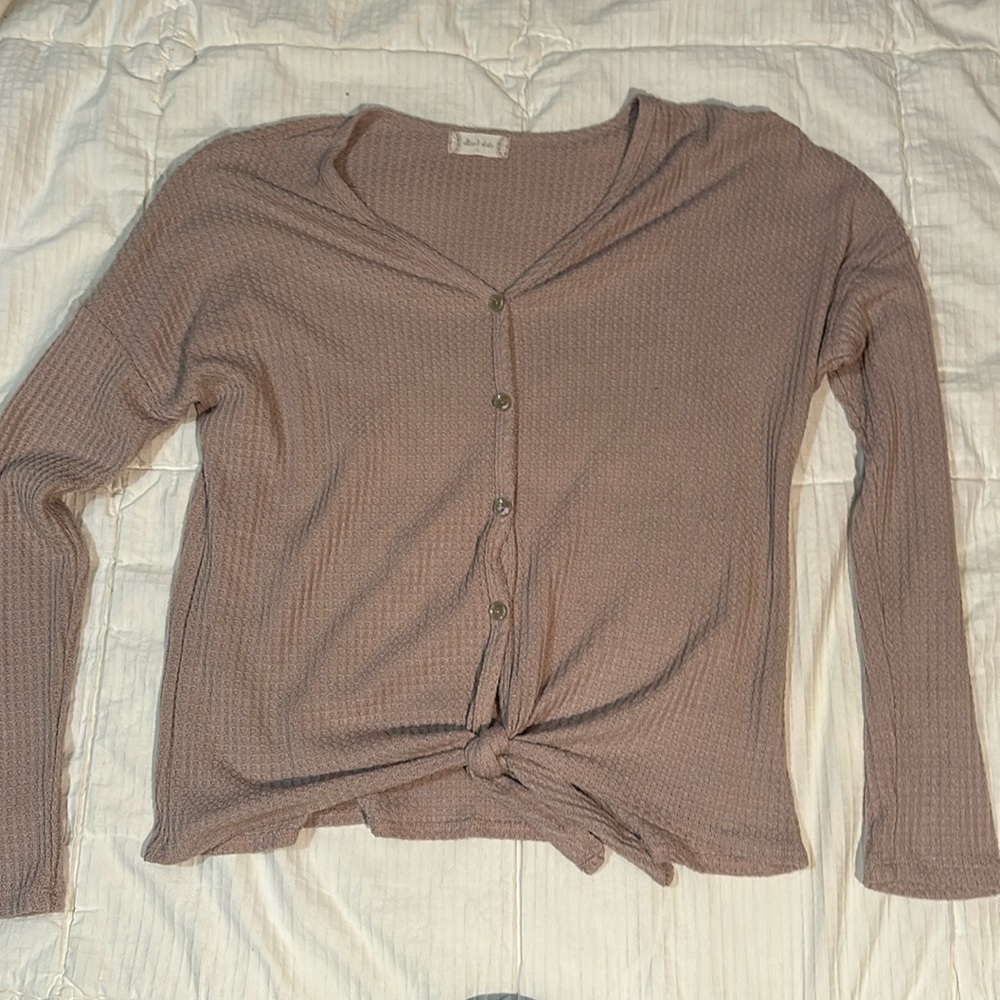 Light pink Altard State Button down waffle sweater with tie at the bottom v-neck - Picture 1 of 1